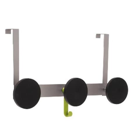 Rlm Distribution Over the Door Coat Hanger in Silver with 3 Black Round Coat Pegs and 1 Green Hook for Accessories HO160082